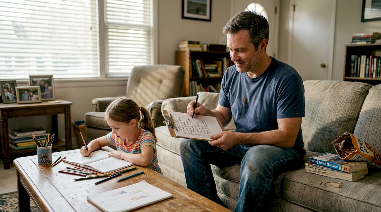 Dad reviewing activity checklist for family trip