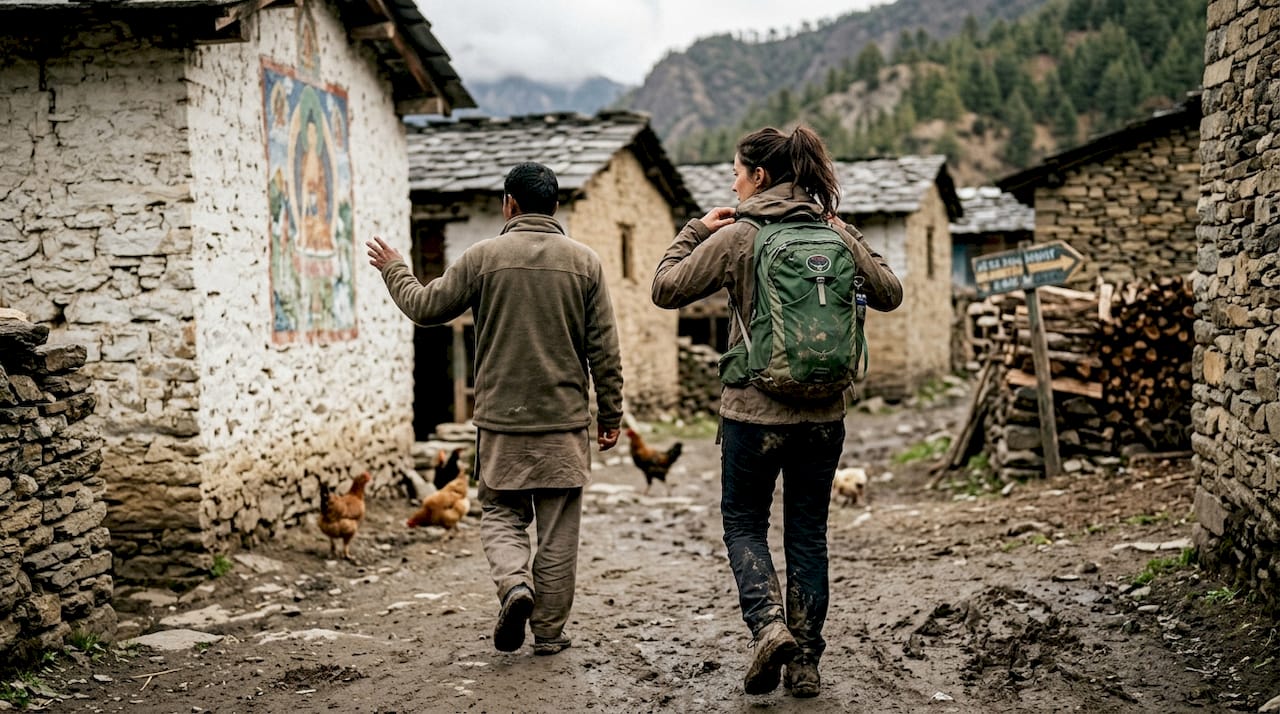 Trekking village guide and traveler