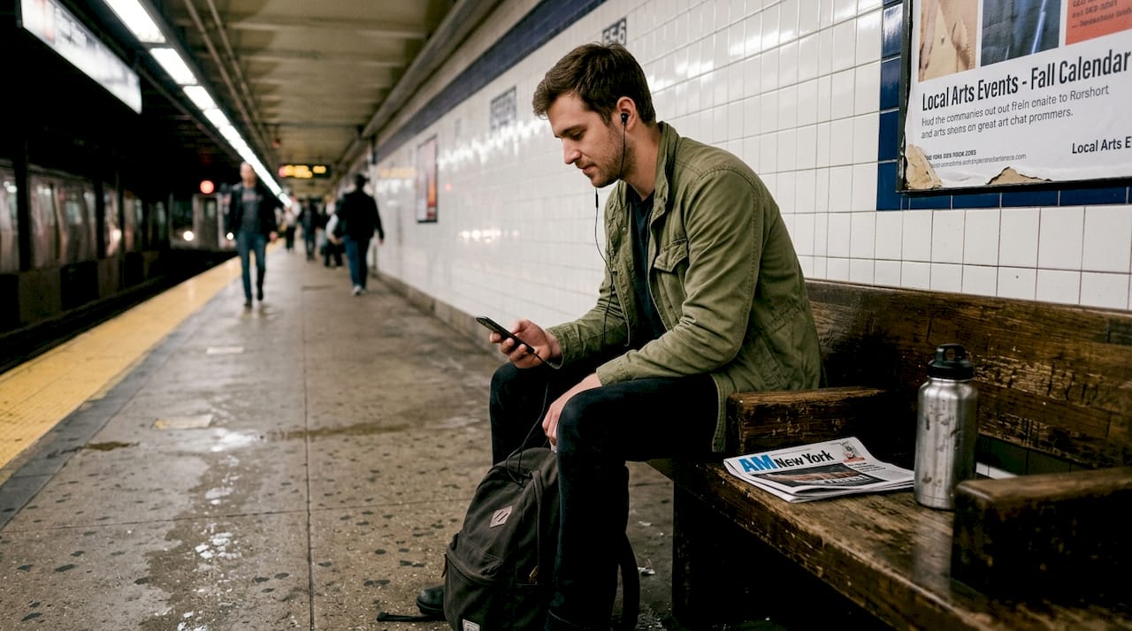 Commuter listening to downloaded music offline