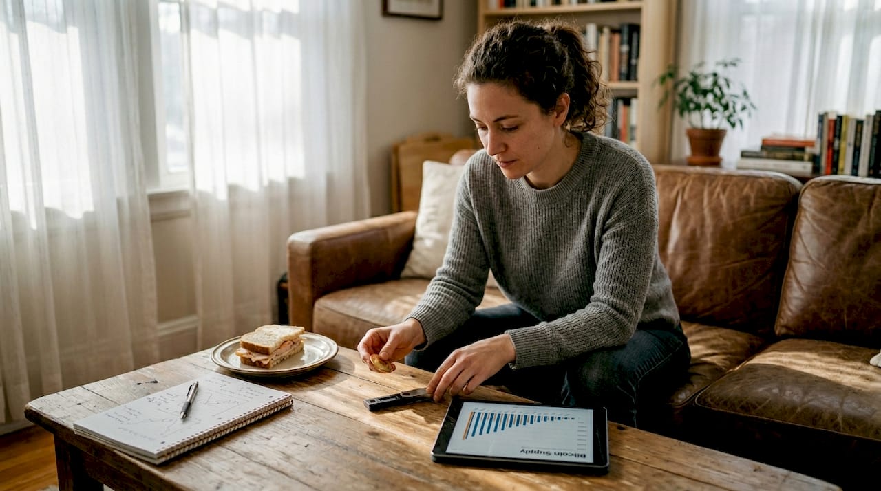 Woman comparing gold coins and Bitcoin wallet