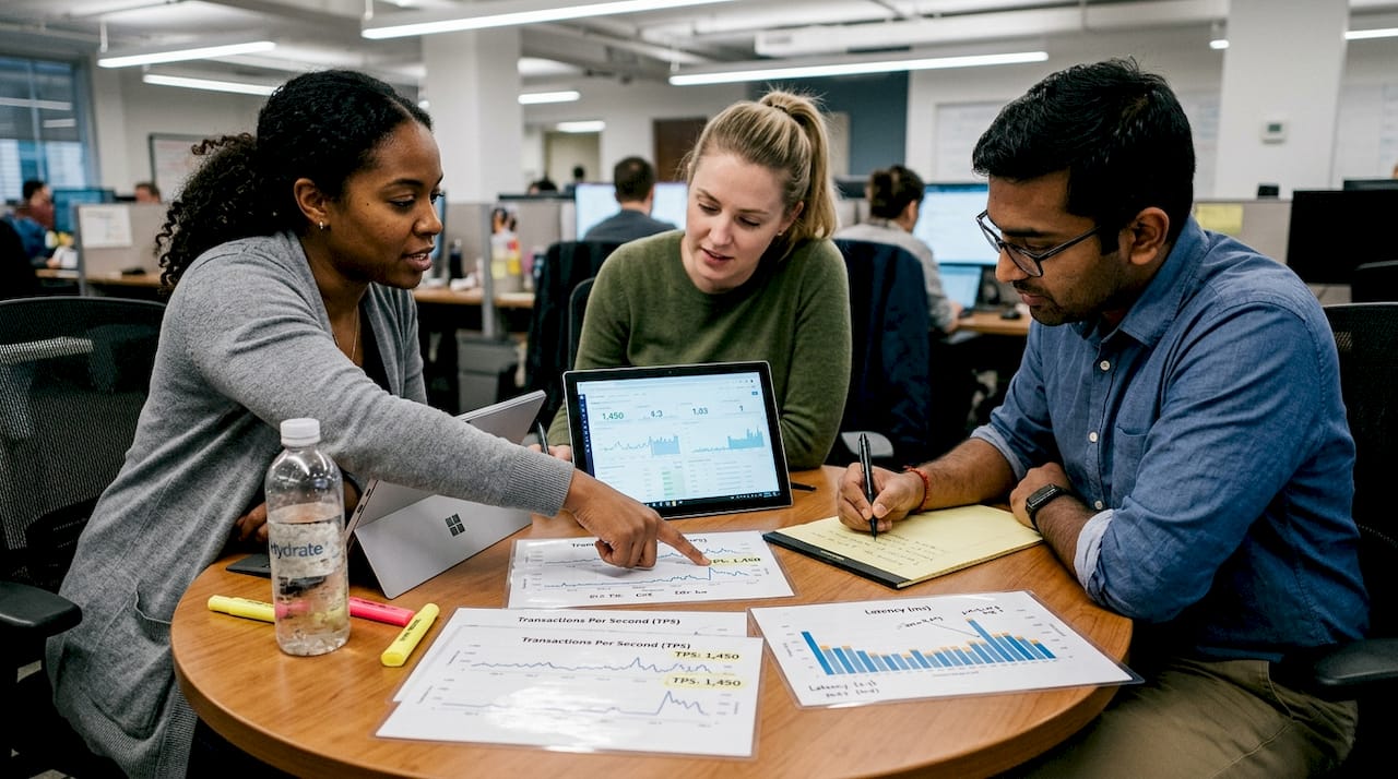 Team reviews blockchain scalability charts together