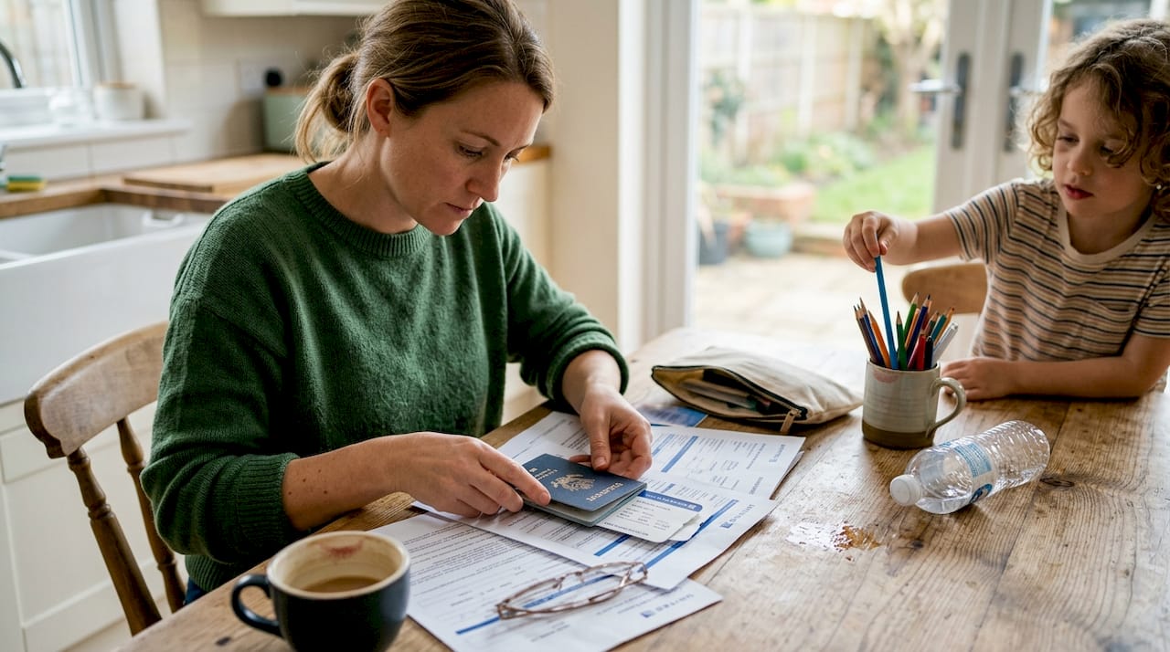 Parent organizes travel documents at kitchen table