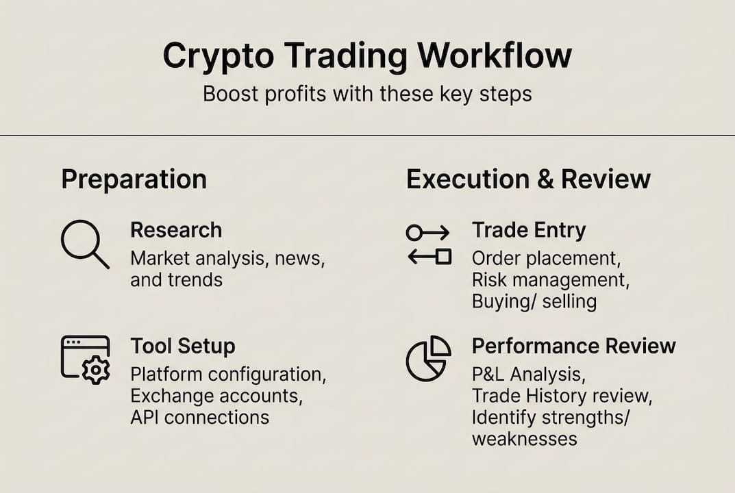 Crypto trading workflow key steps infographic