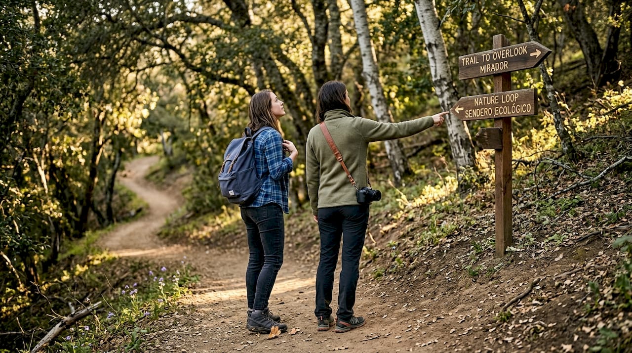 Travelers observe signpost on forest trail
