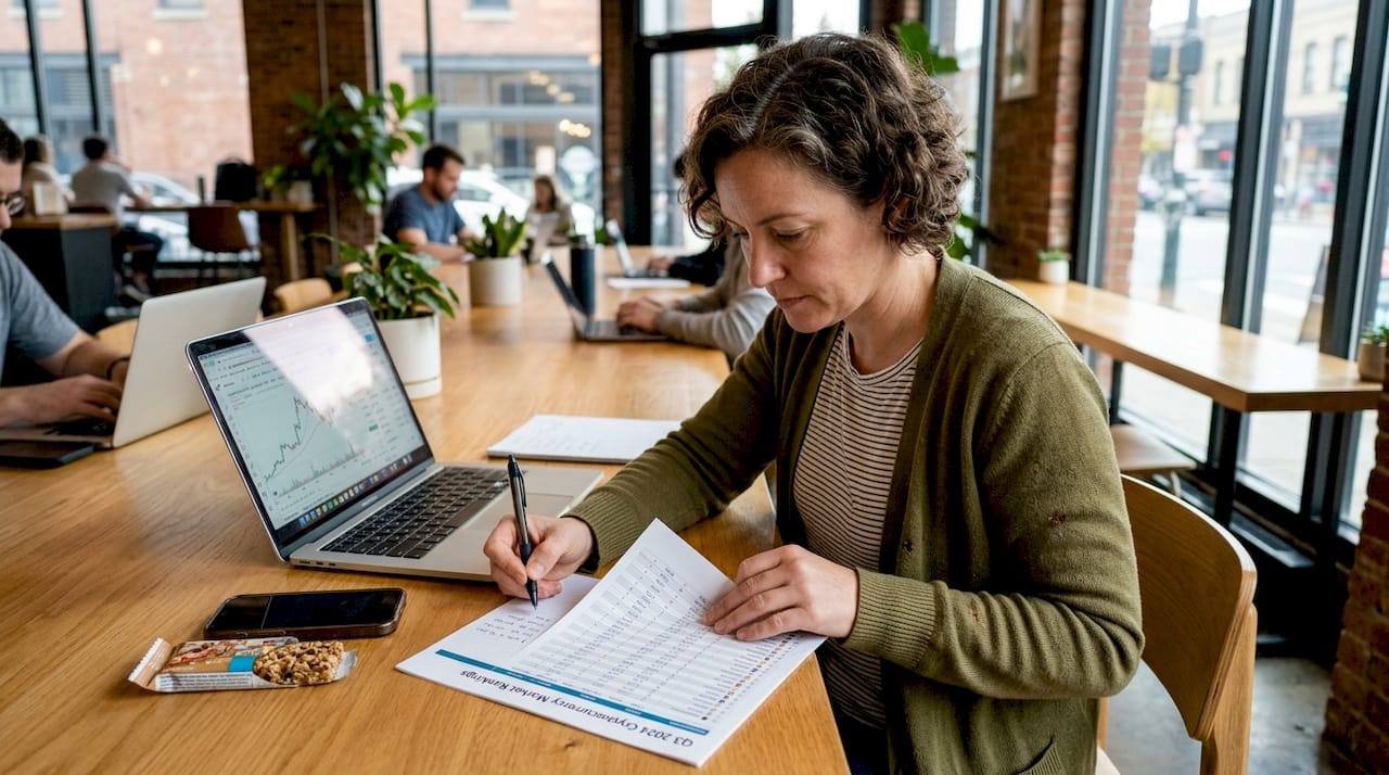 Woman analyzing crypto market data printed sheet