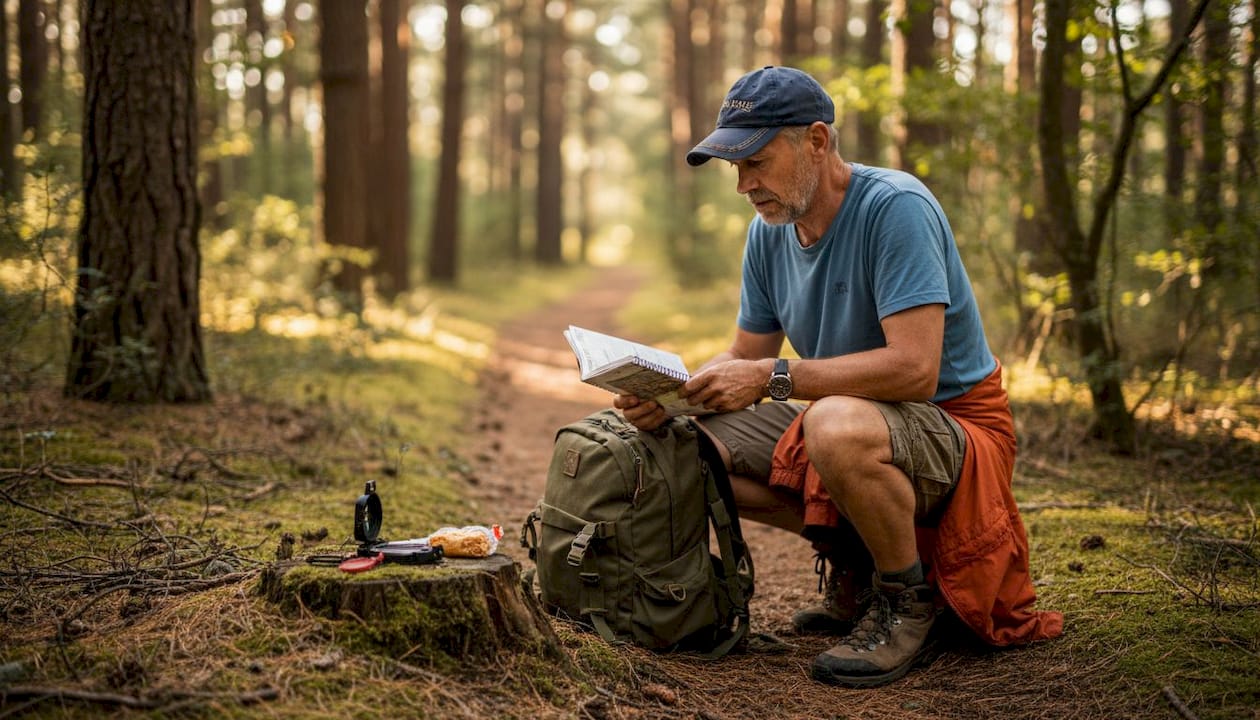 Traveler adjusting gear on quiet forest trail