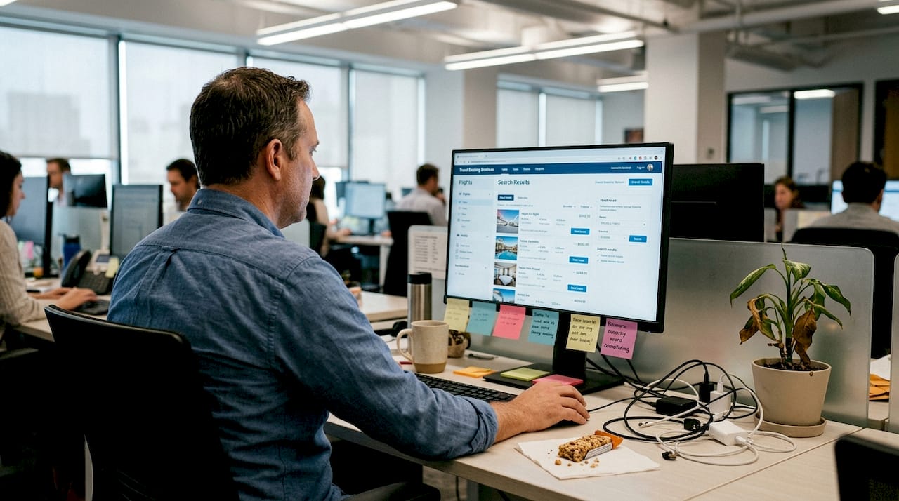 Employee using travel management software system