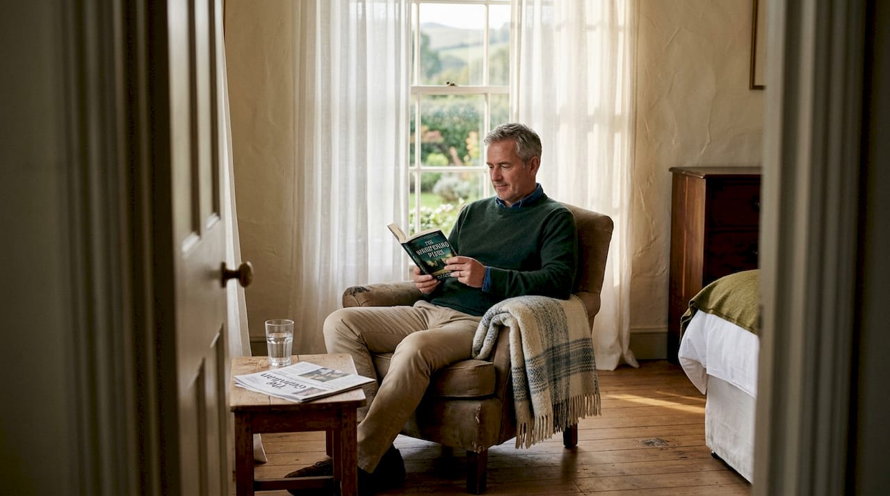Man reading quietly in peaceful hotel room