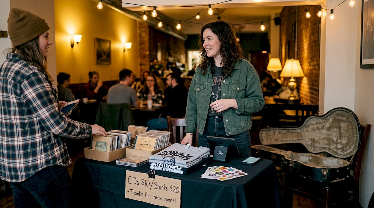 Artist selling music and merch at café gig