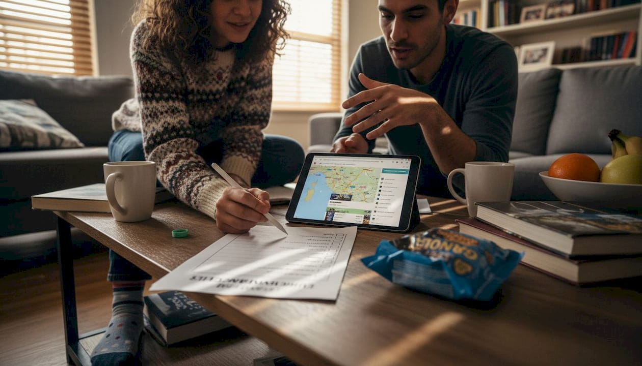 Friends using checklist for travel planning