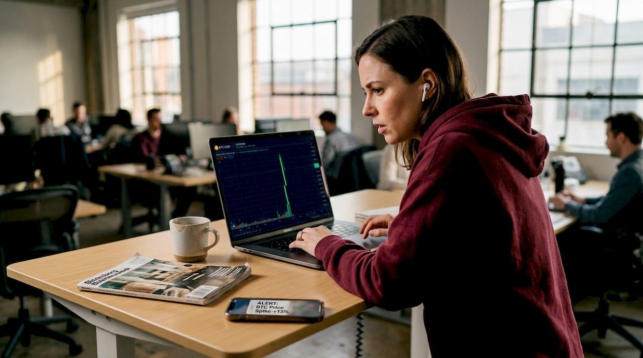 Woman watching Bitcoin price chart fluctuations