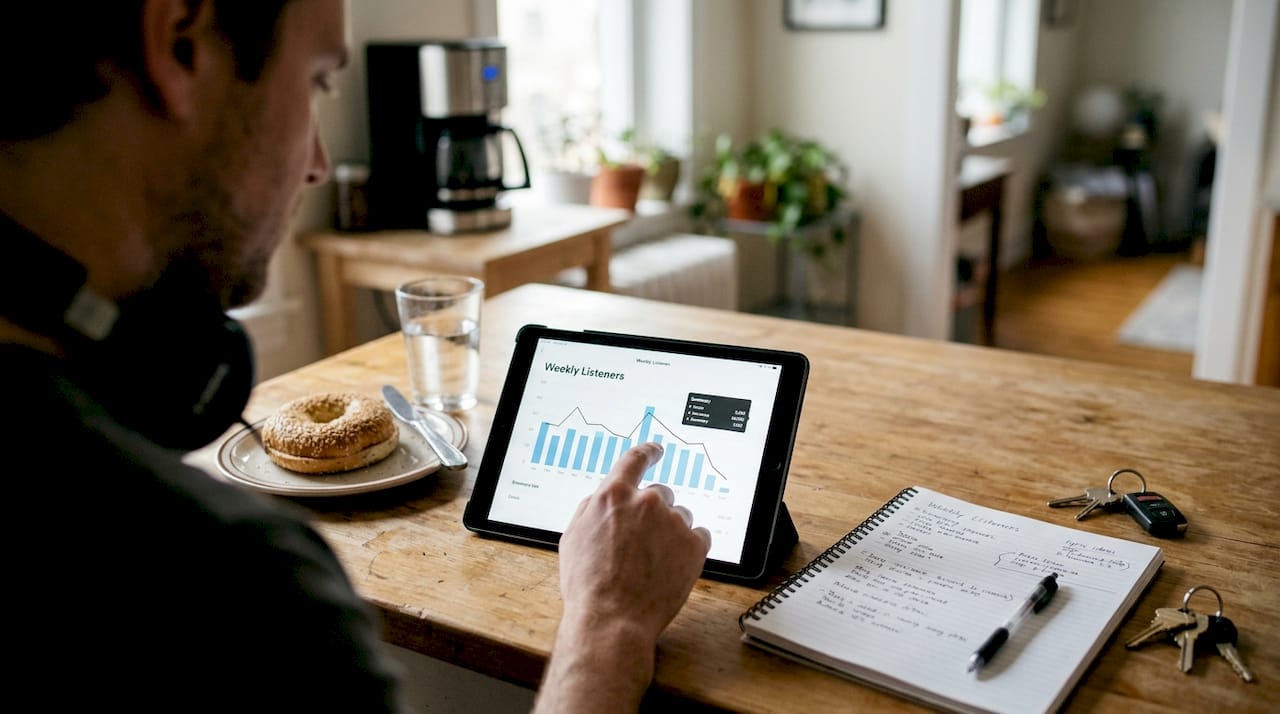 Producer reviewing streaming single analytics at table