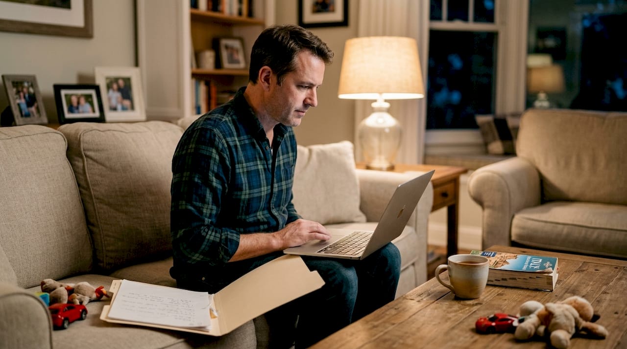 Parent reviewing travel plans in lived-in family room