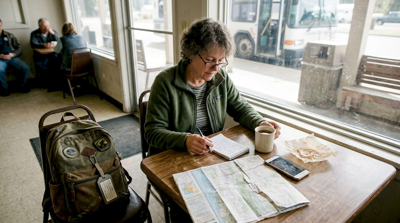 Traveler planning with map at rural bus station