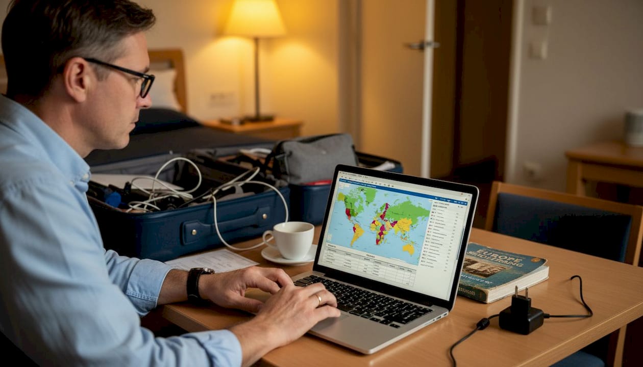 Man researches eSIM providers on laptop