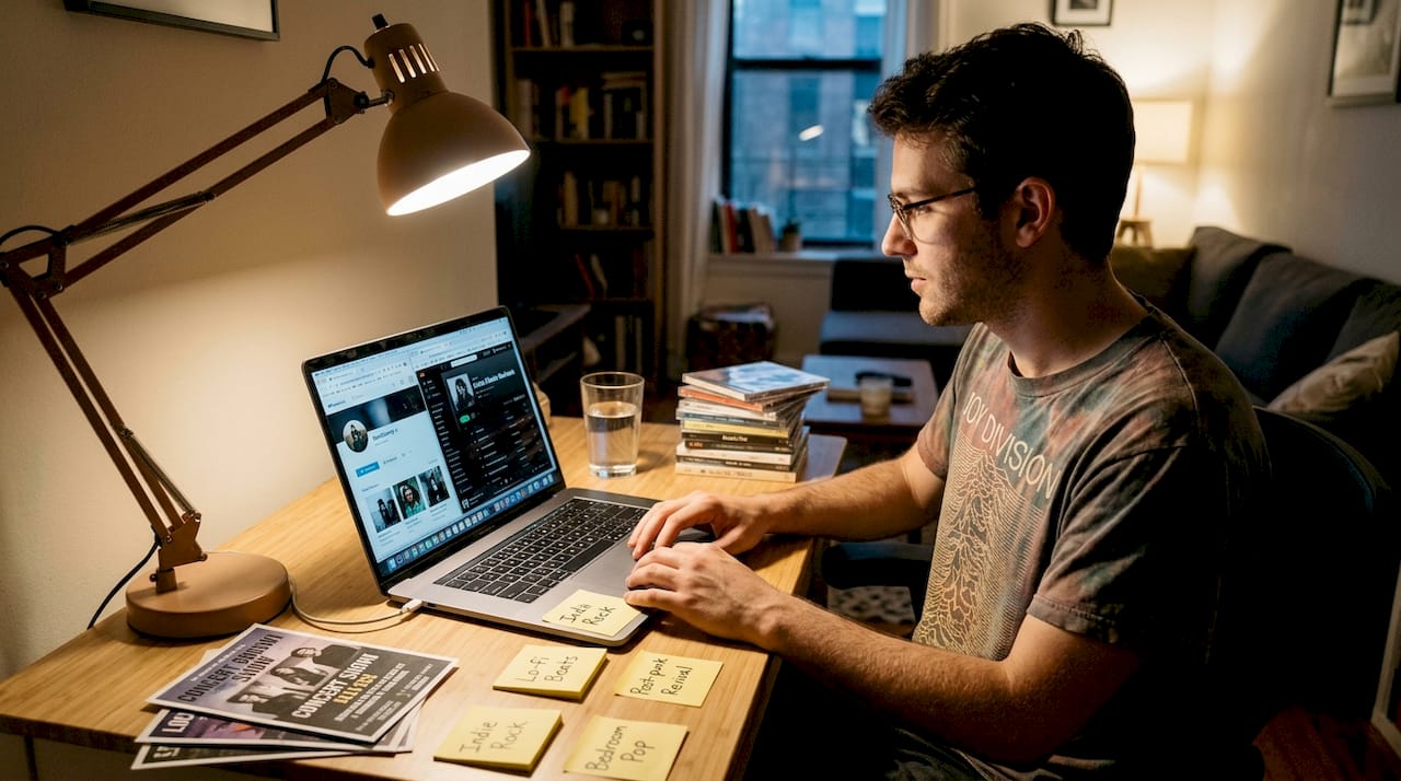 Man exploring music artist profiles at desk