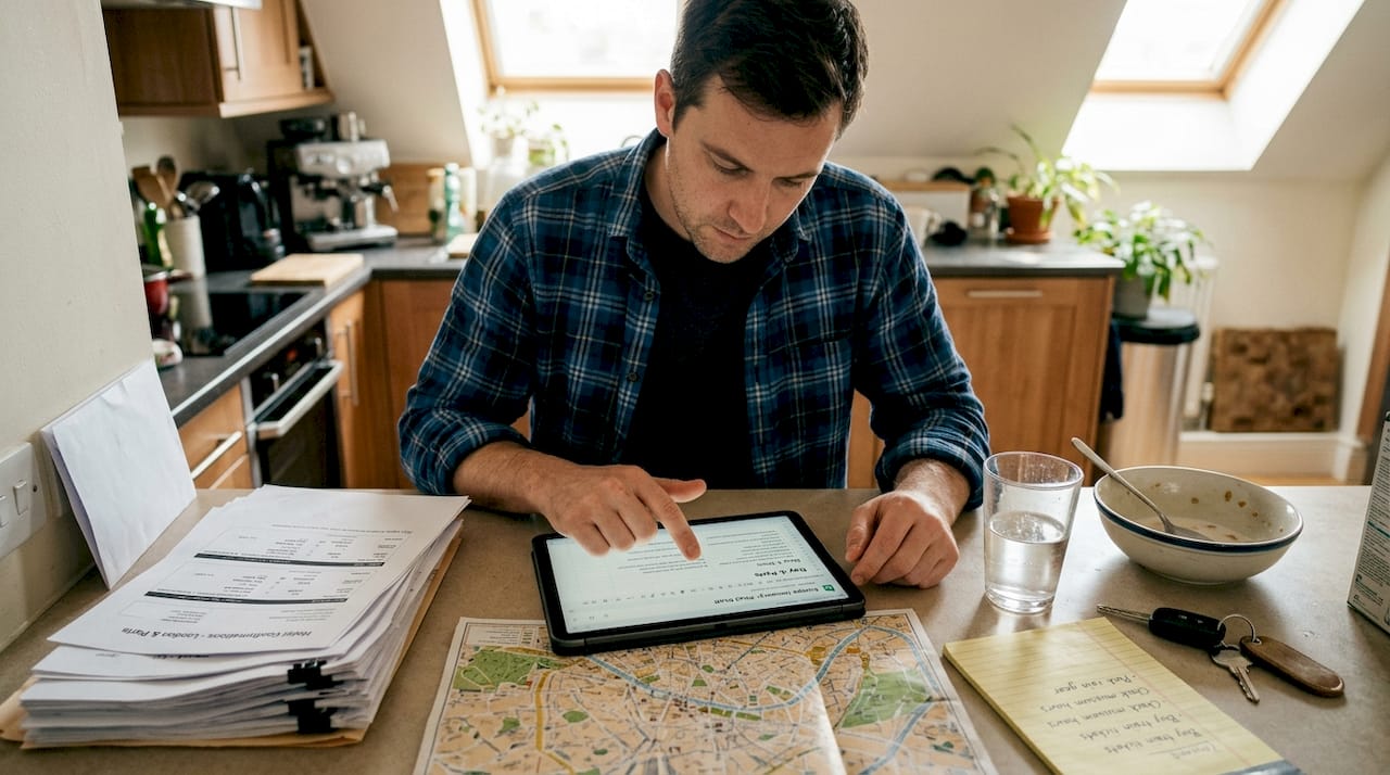 Man updating trip details in spreadsheet