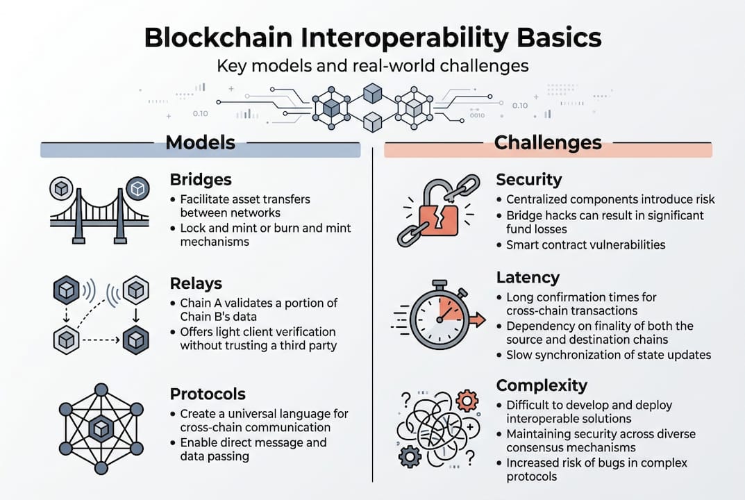 Infographic of blockchain interoperability models and challenges