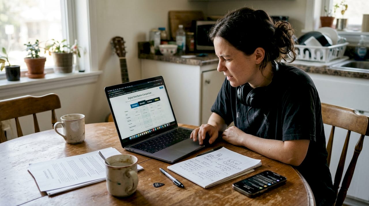 Indie artist reviewing music distribution options