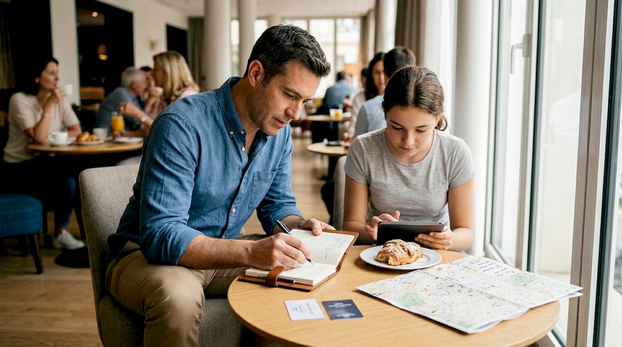 Family organizing travel plans in hotel lounge
