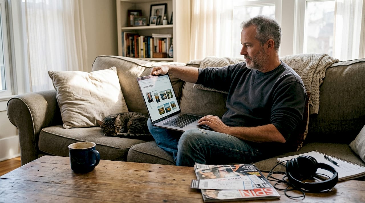 Man streaming music in living room supporting artists