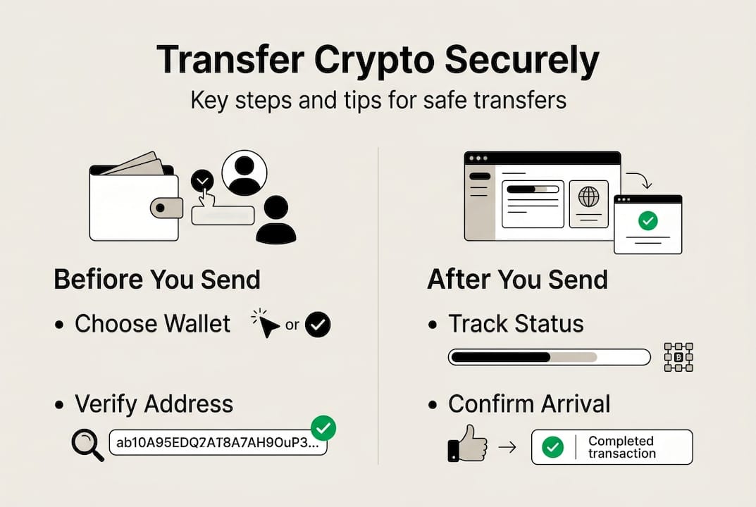 Infographic with steps for secure crypto transfer