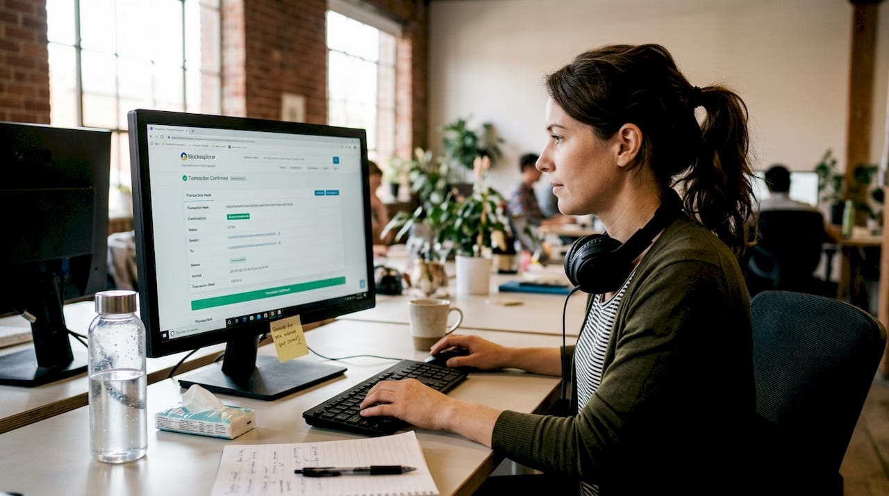 Woman tracking cryptocurrency transfer confirmation