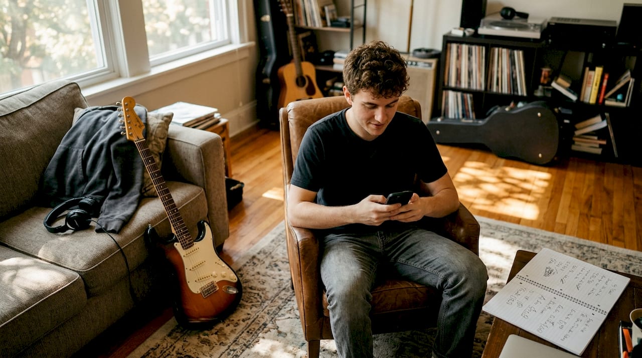 Musician editing social media video at home