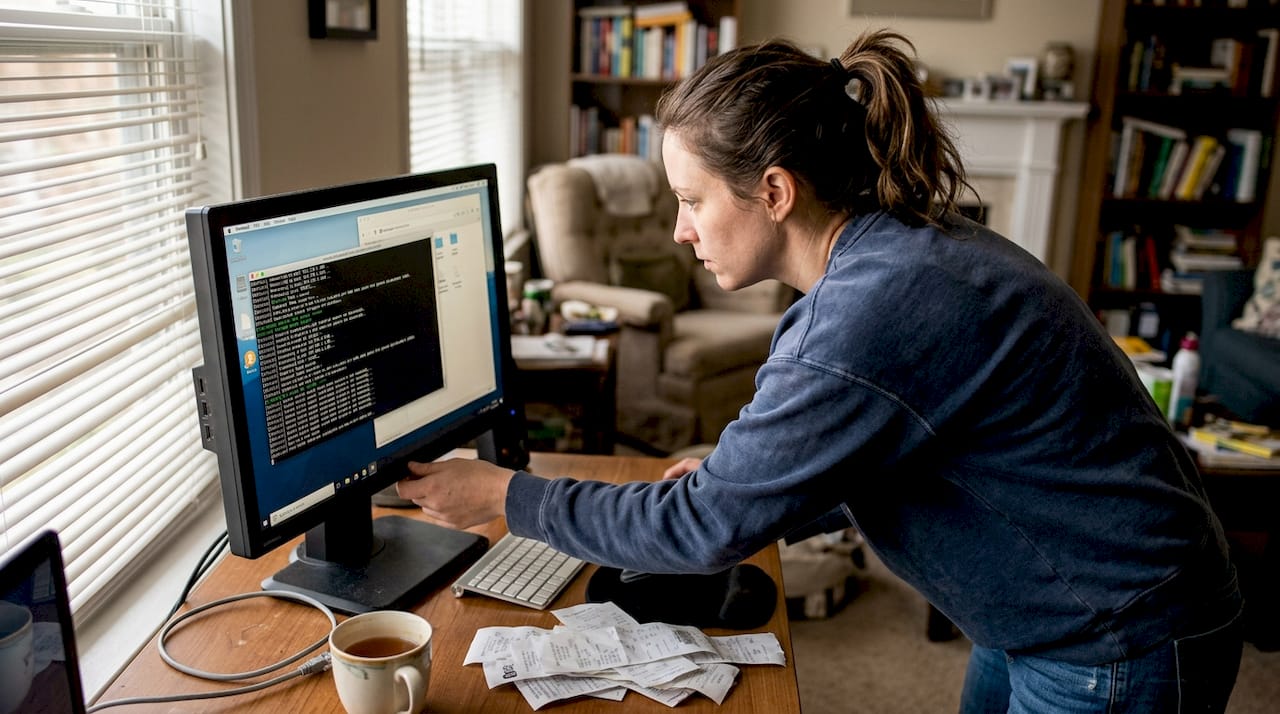 Woman running Bitcoin full node on desktop computer