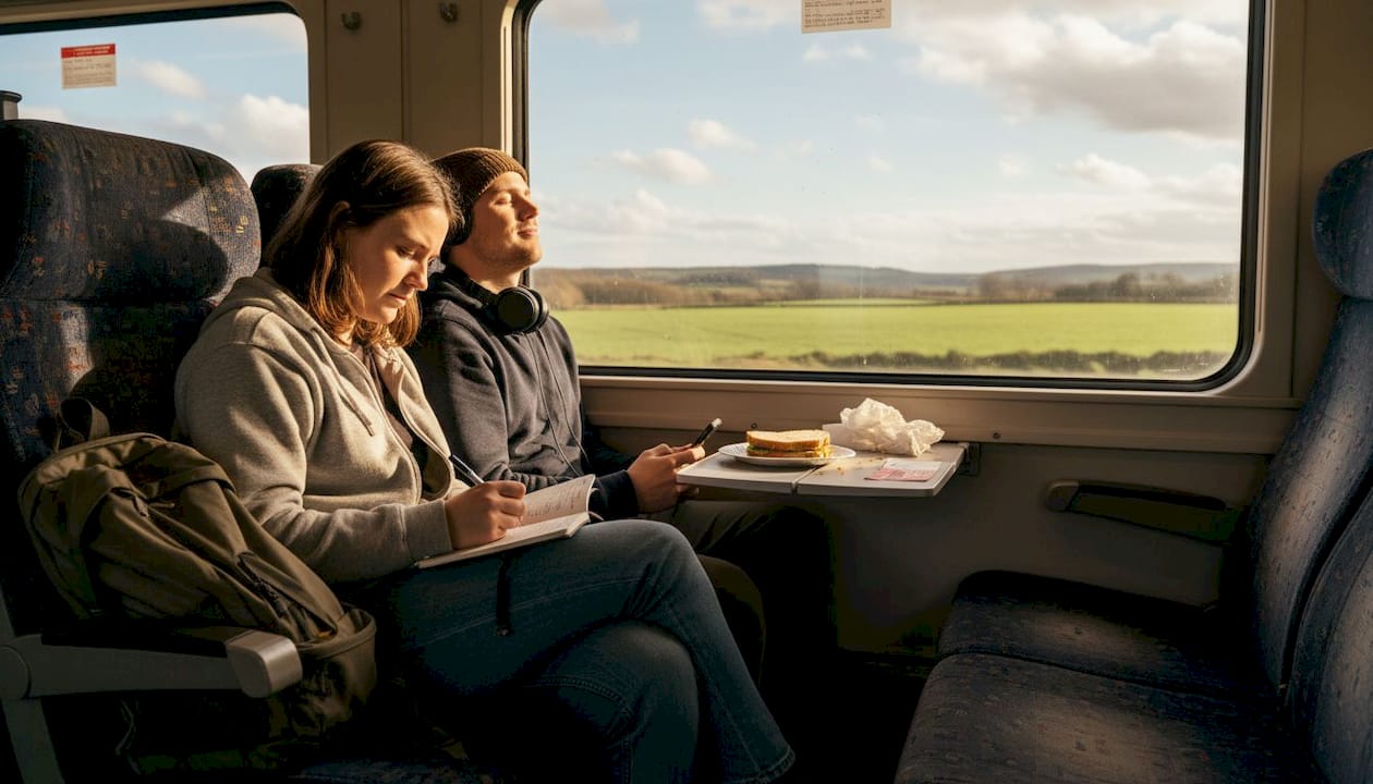 Travelers on a train crossing between countries