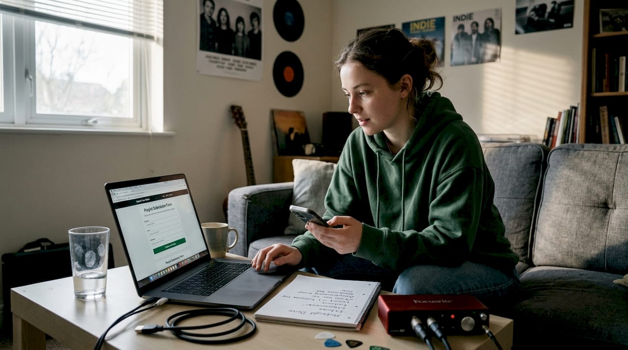 Artist pitching songs on laptop and phone