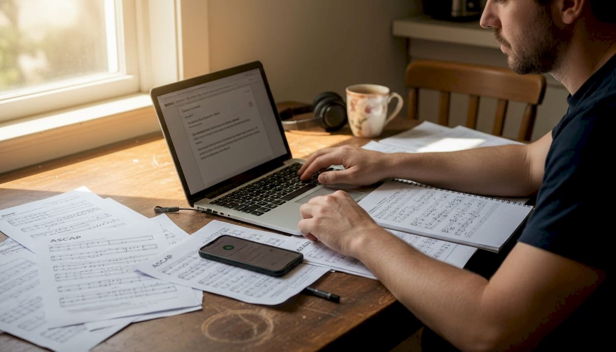 Songwriter registering music ownership rights