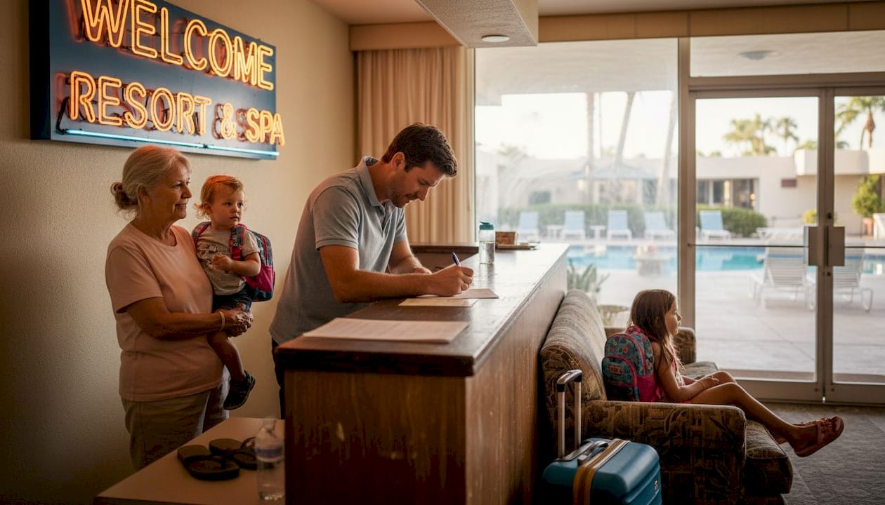 Family checking in at hotel lobby desk