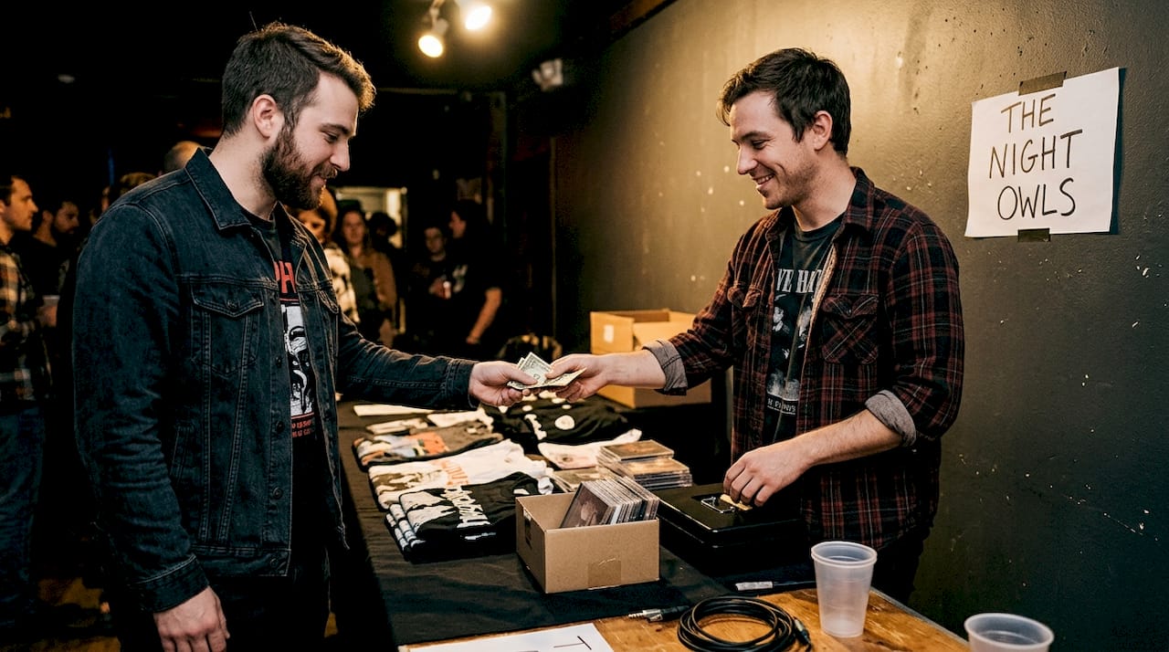 Fan buying merchandise from indie musician