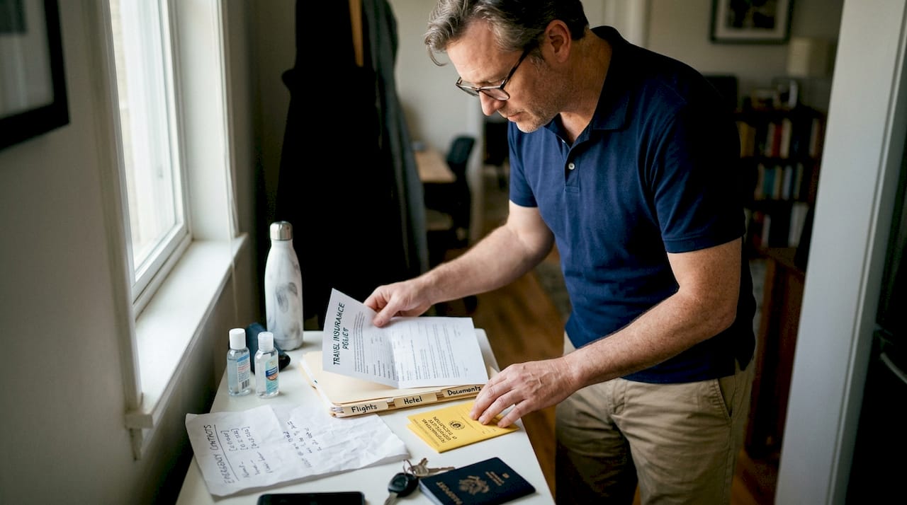 Man checks travel health documents at entryway