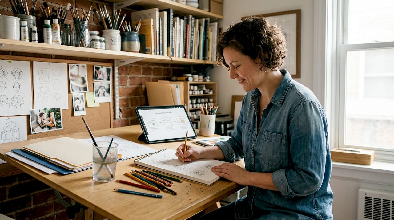 Artist sketching in home studio at drafting table