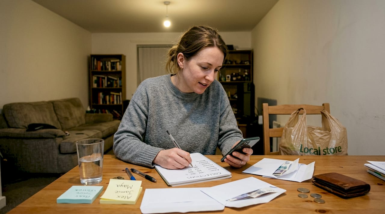 Person organizing group payments at kitchen table