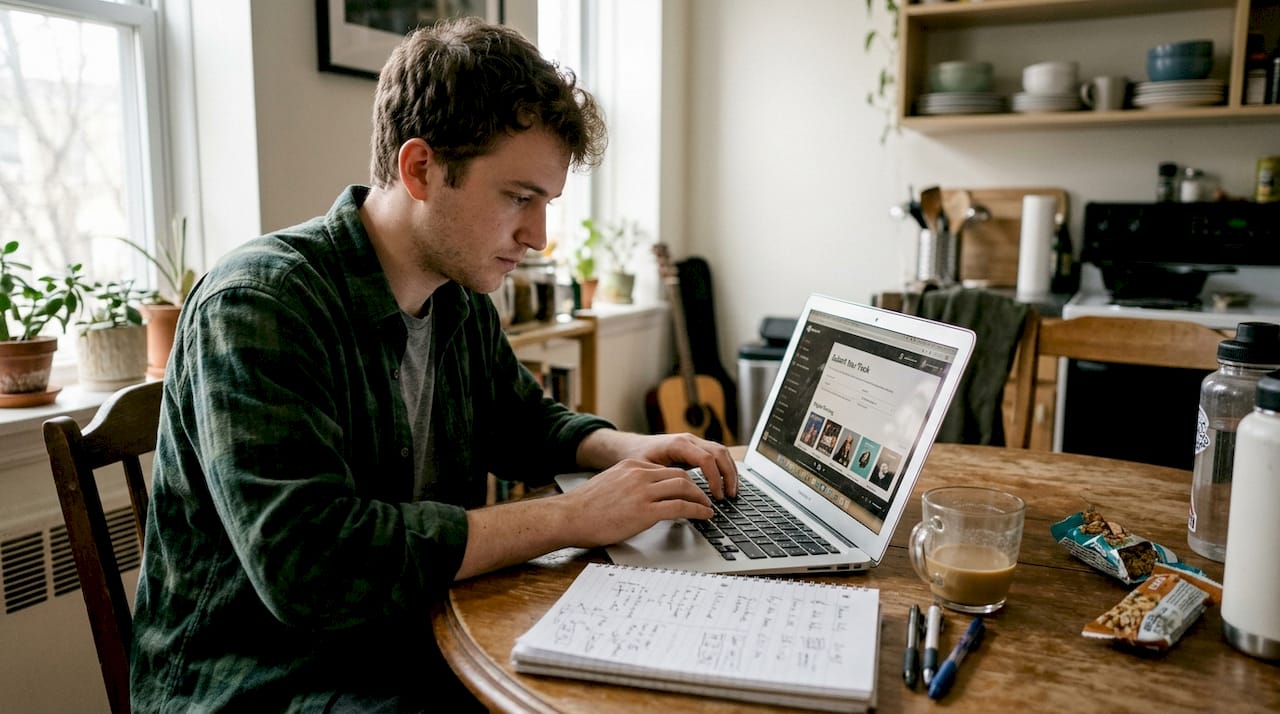 Musician submits music to playlists at kitchen table