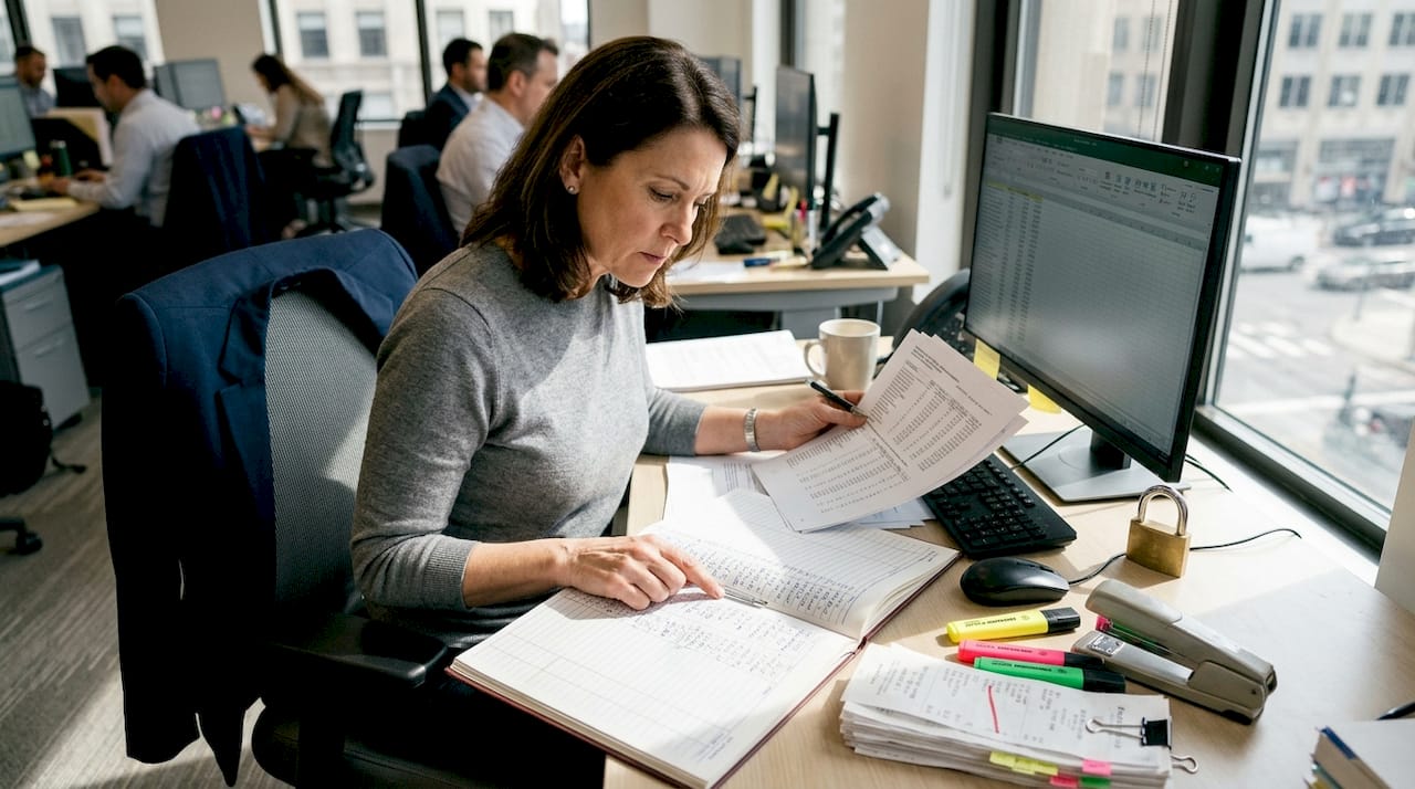 Compliance officer checking transaction audit ledger