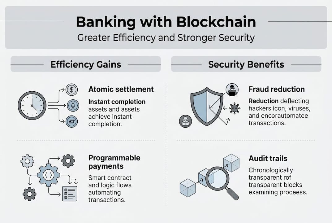 Infographic showing efficiency and security in blockchain banking