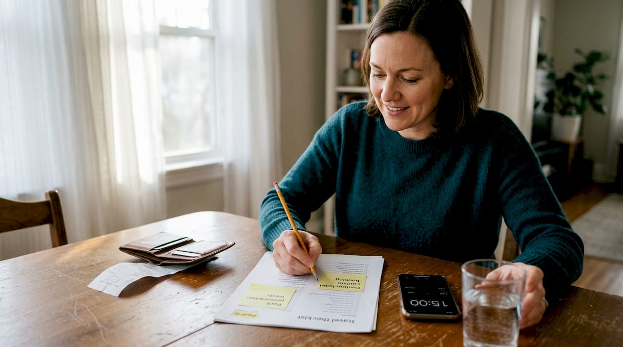 Woman updating travel checklist and budget