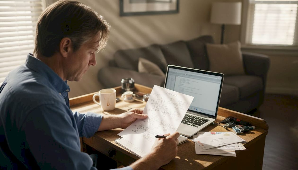 Person studying cryptographic keys at home desk