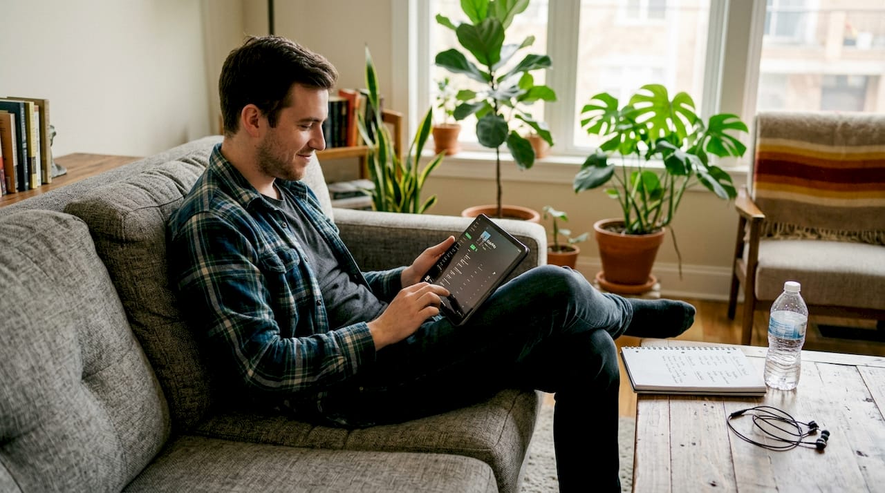 Man organizing playlist by mood and genre