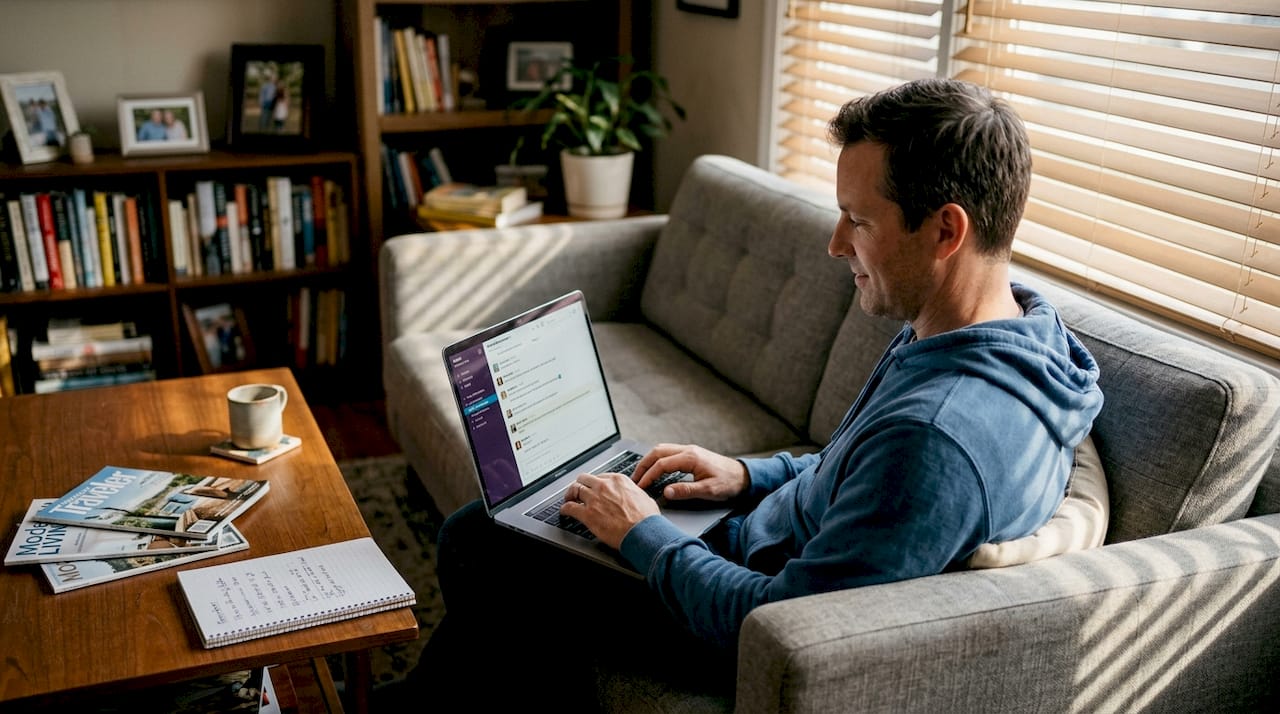 Traveler using AI travel chatbot at home