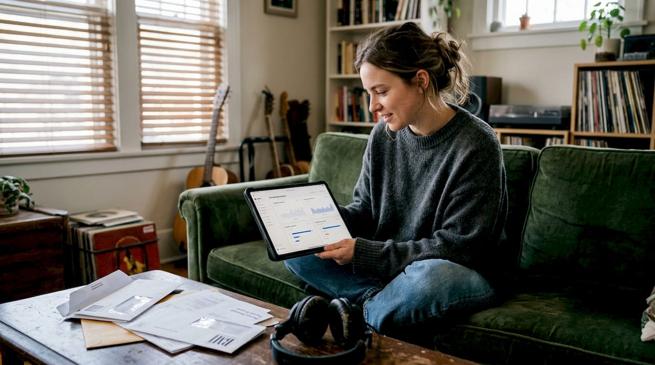 Indie artist reviewing music earnings on tablet