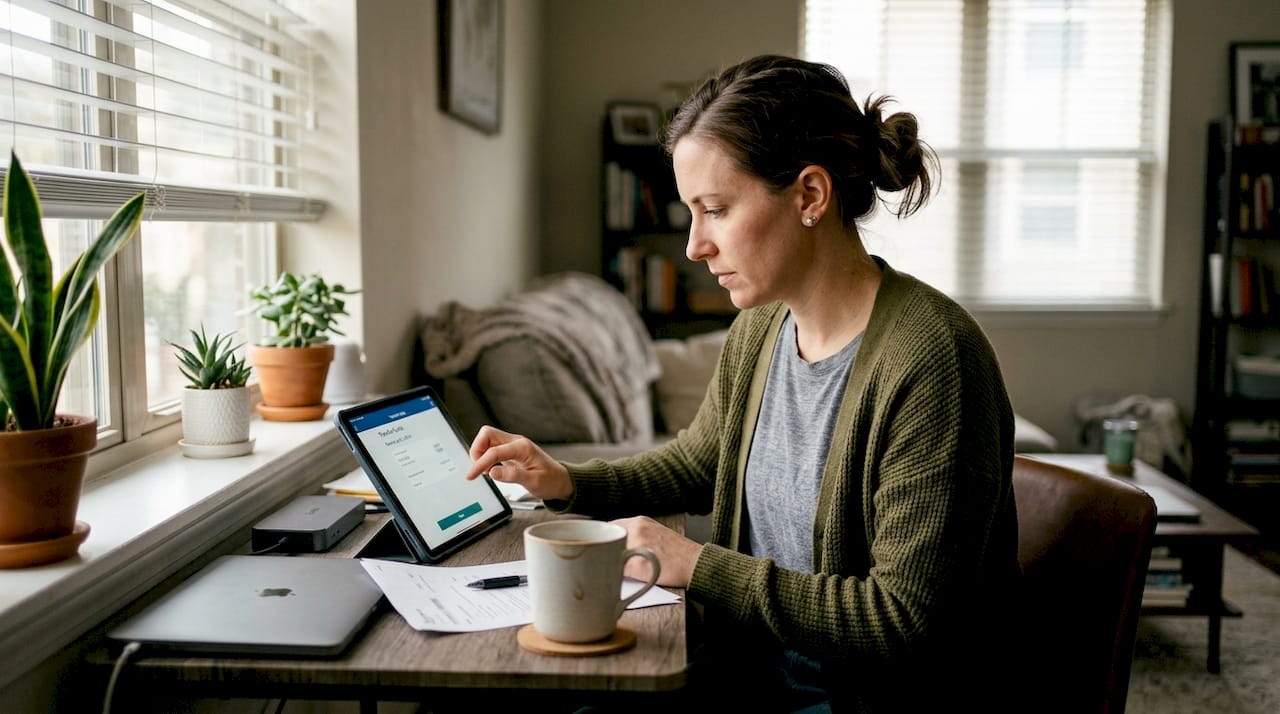 Woman transferring funds from living room desk