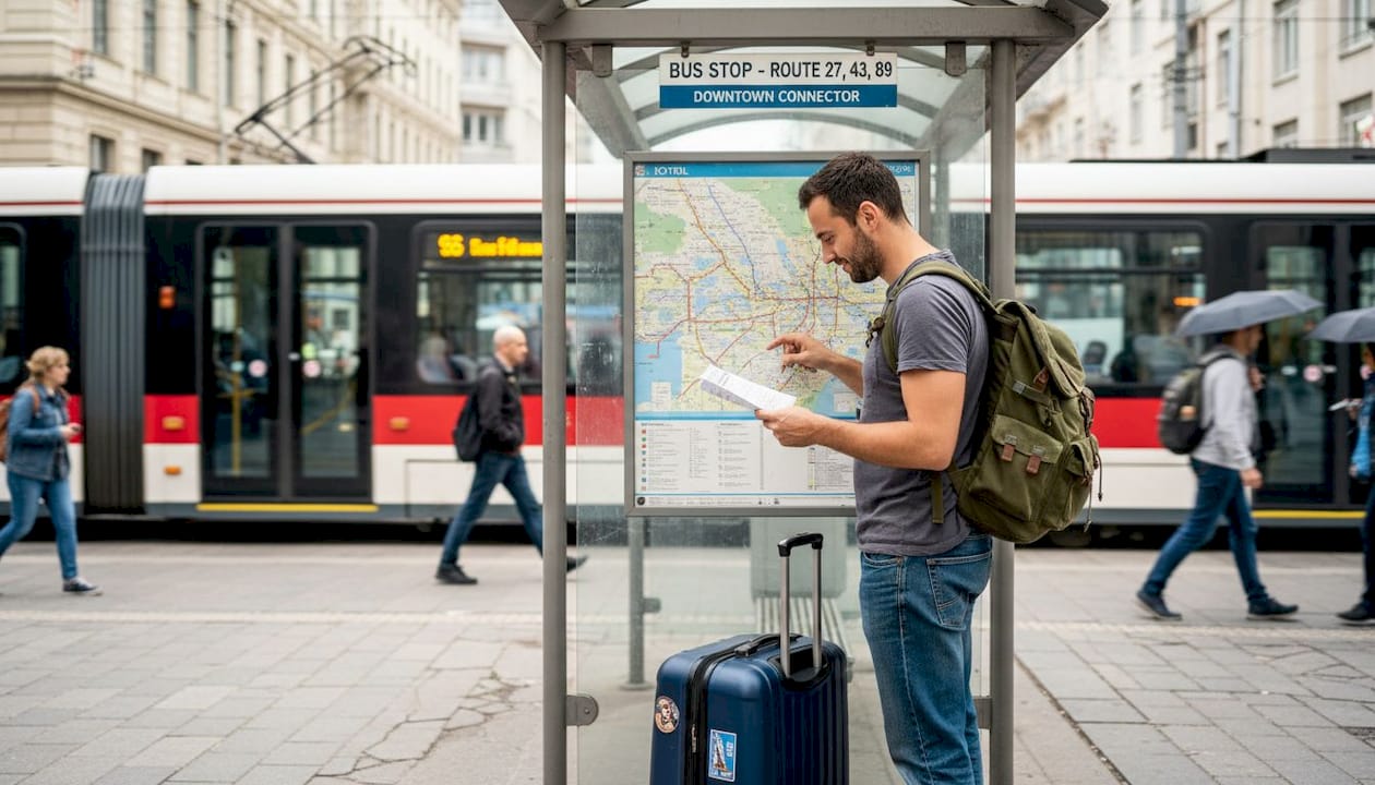 Traveler comparing hotel booking and transport options