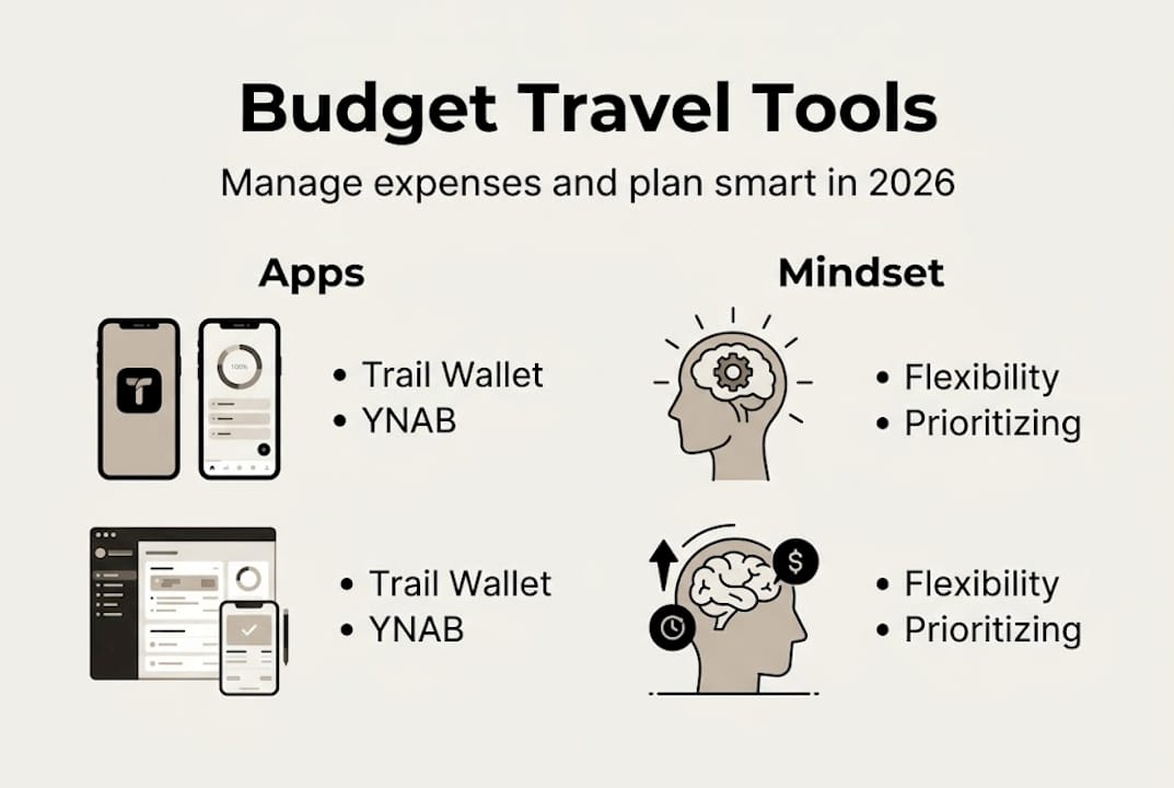 Infographic showing budget travel tools and top mindsets