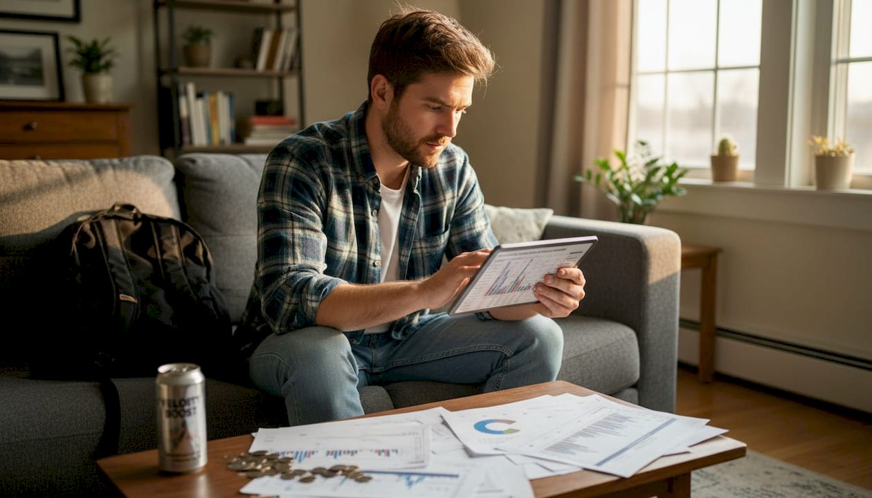 Person reviewing blockchain transaction metrics at home