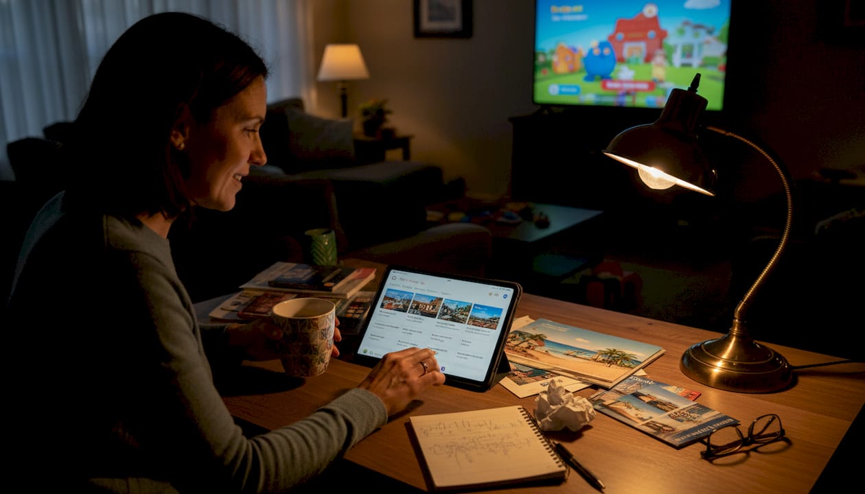 Parent researching hotels at cluttered living room desk